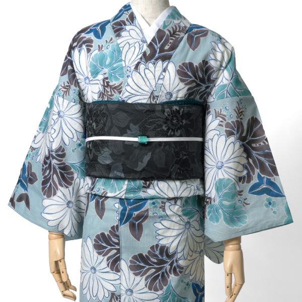 浴衣 芸艸堂 綿絽 菊 水色 オフ白 花 UNSODO ブランド 古典柄 モダン