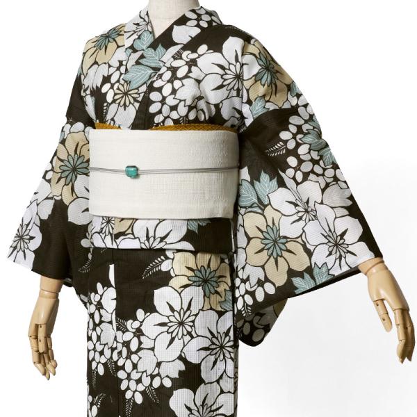 浴衣 芸艸堂 綿絽 桔梗 ダークブラウン オフ白 花 UNSODO ブランド