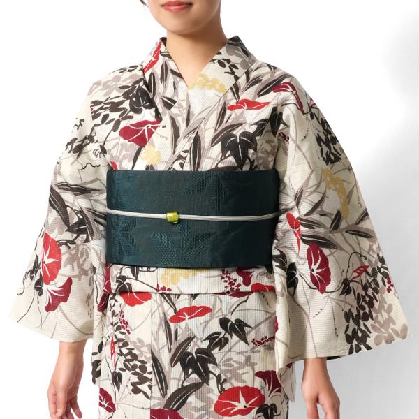 浴衣 芸艸堂 綿絽 秋草 朝顔 オフ白 赤 ブラウン 花 植物 UNSODO 古典