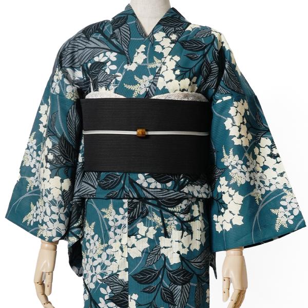 浴衣 芸艸堂 綿絽 紫陽花 ターコイズ 紺 オフ白 花 植物 UNSODO