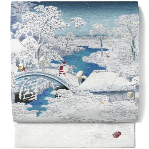♦️♦️特選　正絹　雪輪取り　二重太鼓の作り帯 京袋帯 WAKKA 雪中三太九朗 ネイビー 白 紺 サンタクロース クリスマス