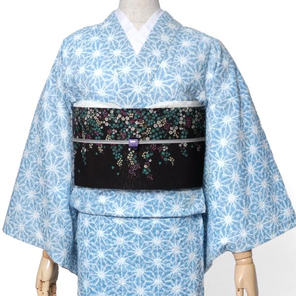 単衣着物 エンブロイダリーレース 麻の葉 ドット 水色 刺繍 レトロ
