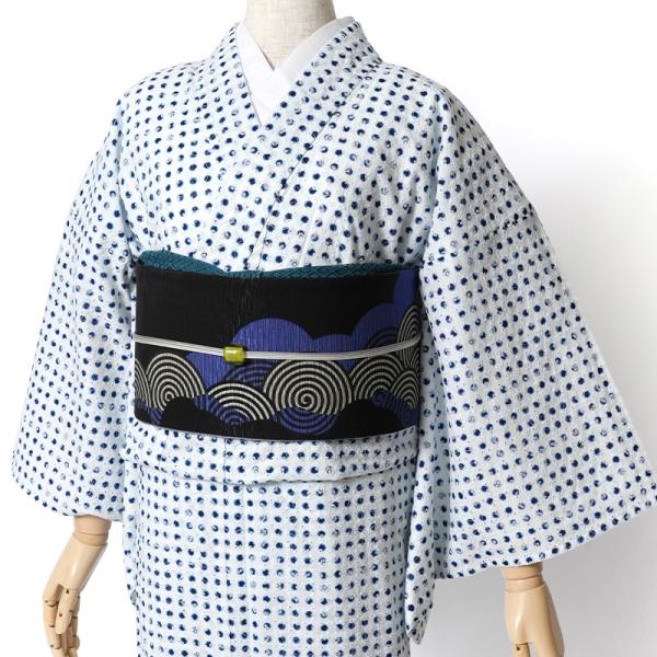 新古品！仕付けつき＊単衣＊爽やか色彩＊ポップ＊青藤色＊着物＊１５７ｃｍ＊裄６８ 単衣着物 エンブロイダリーレース 豆絞り風 ドット 白 紺 刺繍 単衣