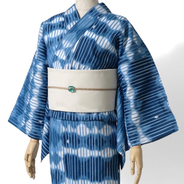 浴衣 美術サロン 藍捺染 藍滝 幾何学 藍 紺 白 知多木綿 レディース