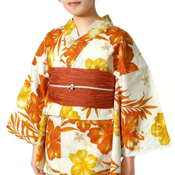 浴衣 ハイビスカス オレンジ オフ白 クリーム 花 レディース
