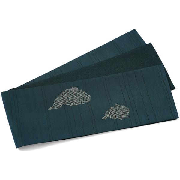 撫松庵 半幅帯 瑞雲刺繍 ターコイズ 青緑 金糸 銀糸 縁起物 吉祥文様