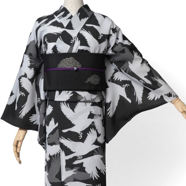 超美品　綿　浴衣　着物　夏物　168 黒　グレー　トール　横幅たっぷり　撫松庵 撫松庵 浴衣 夏宵カラス 黒 グレー モノトーン 鳥 セオアルファ
