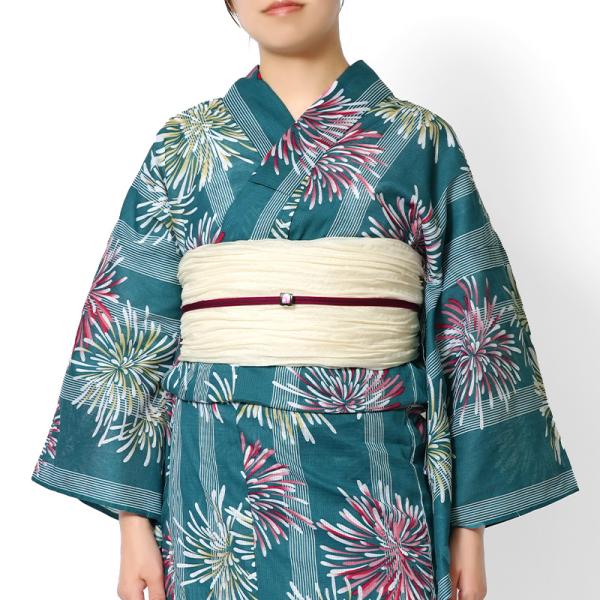 浴衣 縞に花火 綿紅梅 ターコイズ 青緑 ストライプ レディース 10代 20