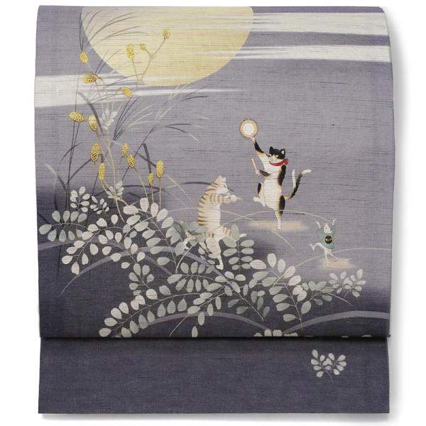 京袋帯 WAKKA 黒猫 白猫 市松模様 生成色 O-5646 京袋帯 WAKKA ワッカ 帯 袋帯 単品 おび obi お太鼓 京都 猫 ねこ 動物
