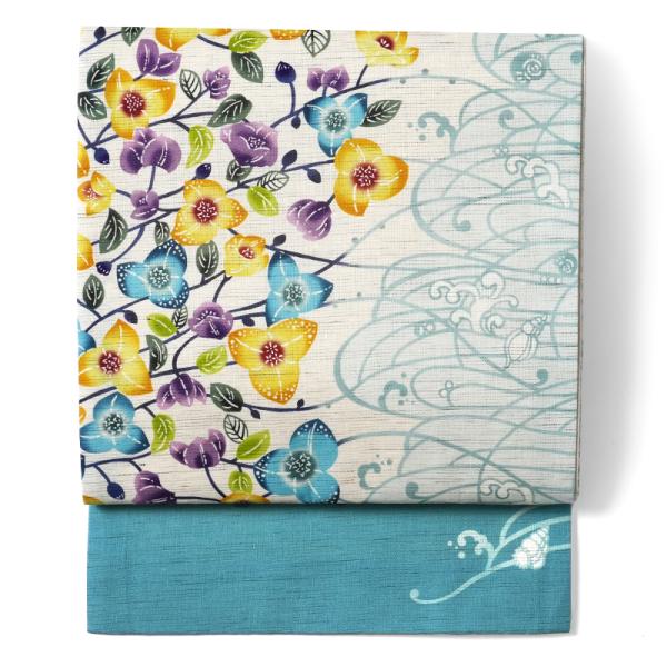 京袋帯 WAKKA 麻 ブーゲンビリア 花 波 海 生成 水色 カラフル 紅型風