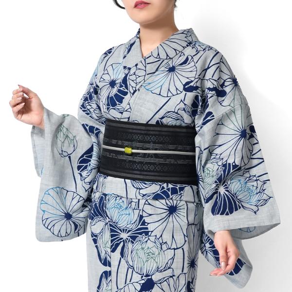 浴衣 注染 綿麻 蓮 ブルーグレー 紺 古典柄 レディース 仕立上がり