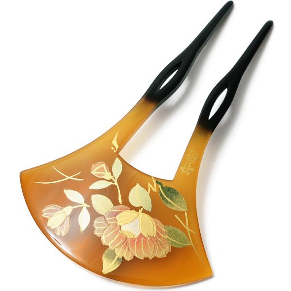 かんざし 椿 蒔絵風 べっ甲調 黄土 バチ型 フォーマル 髪飾り ヘア