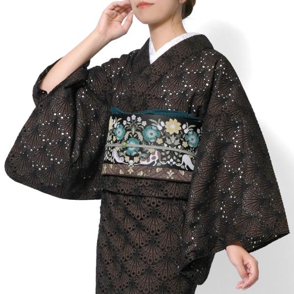極美品【総レース 単衣 小紋】黒×白 刺繍 サークルレース モダン 洒落着 着物 刺繍 レース 扇型 ダークブラウン 単衣 洗える 仕立て上がり 日本
