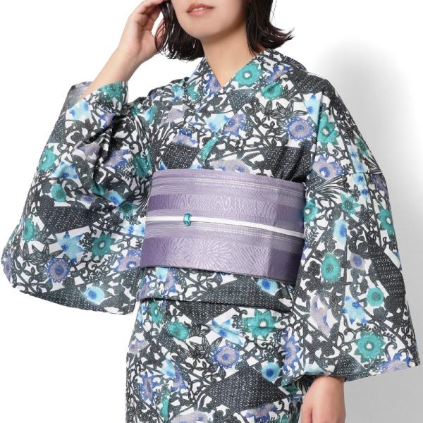 浴衣 紅型風 きれどり 花唐草 幾何学模様 黒 緑 青 紫 古典柄