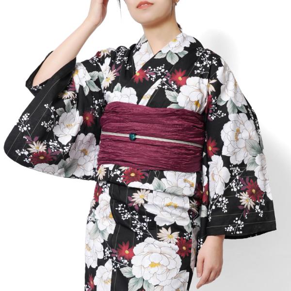 浴衣 牡丹 菊 黒 白 赤 レトロ モダン レディース 仕立上がり 単品