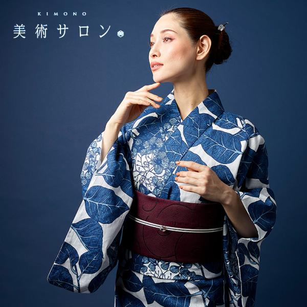 浴衣 美術サロン 藍捺染 アジサイ 藍 紺 白 知多木綿 レディース