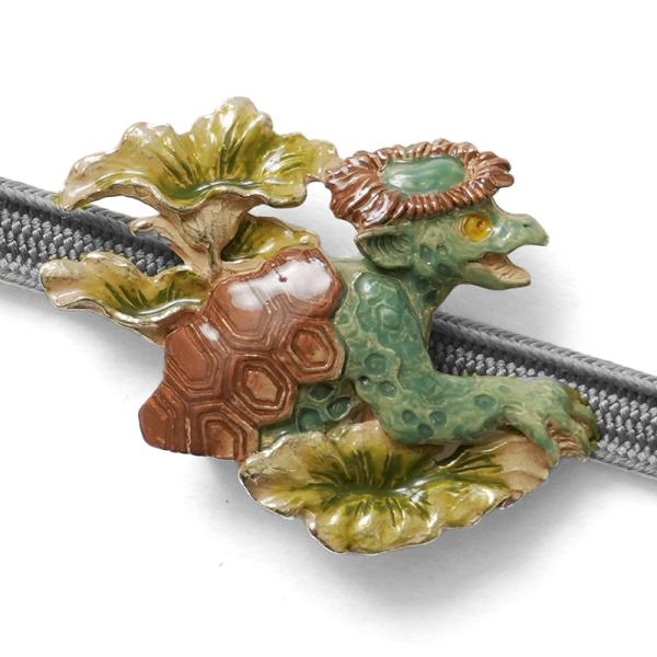 帯留め カッパ 妖怪 緑 ハンドメイド 和装小物 ピューター SUU