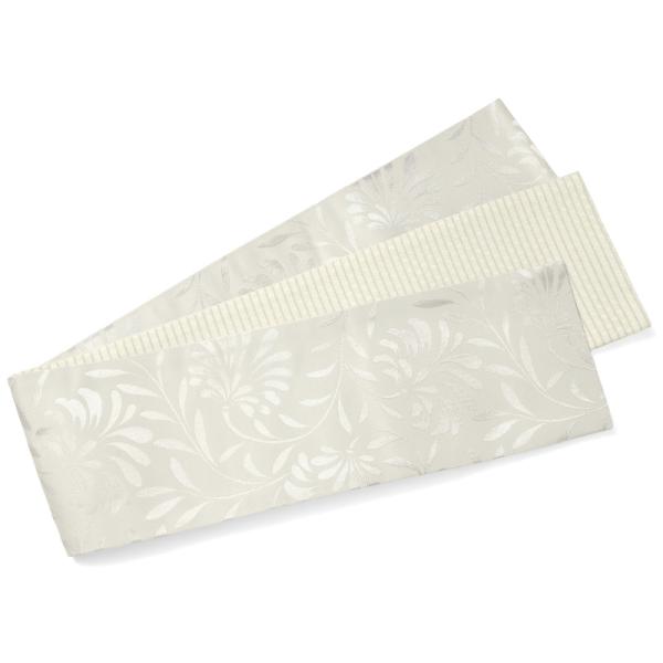 半幅帯 花唐草 更紗 白 オフホワイト 上品 ジャガード織 長尺 リバーシブル 変り結び