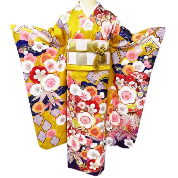 振袖 着物 中古 リサイクル 正絹 花模様 松竹梅 地模様 山吹色 多色 金 
