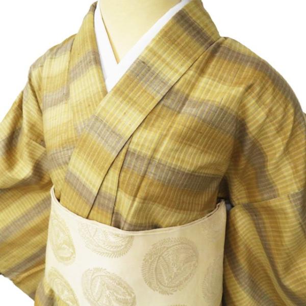 真綿紬 着物 中古 正絹 袷 カジュアル 縞模様 マルチカラー 茶系色 多  