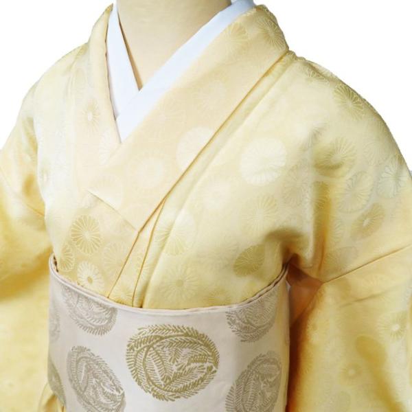 色無地 着物 中古 正絹 袷 フォーマル 紋付き 地模様 花模様 菊 淡黄色