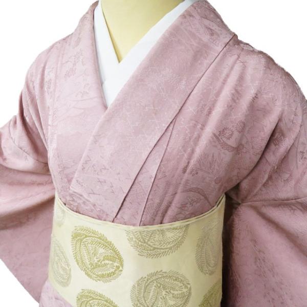 色無地 着物 中古 正絹 袷 フォーマル 紋付き 地模様 花模様 風景 御所
