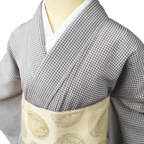小紋 着物 未使用 正絹 袷 カジュアル 縮緬地 ちりめん 格子模様 潤色 茶系色 身丈164.5cm 裄66cm L きもの北條 A1021-1 小紋 着物 未使用 袷 正絹 カジュアル 縮緬地 ちりめん 格子模様 潤色