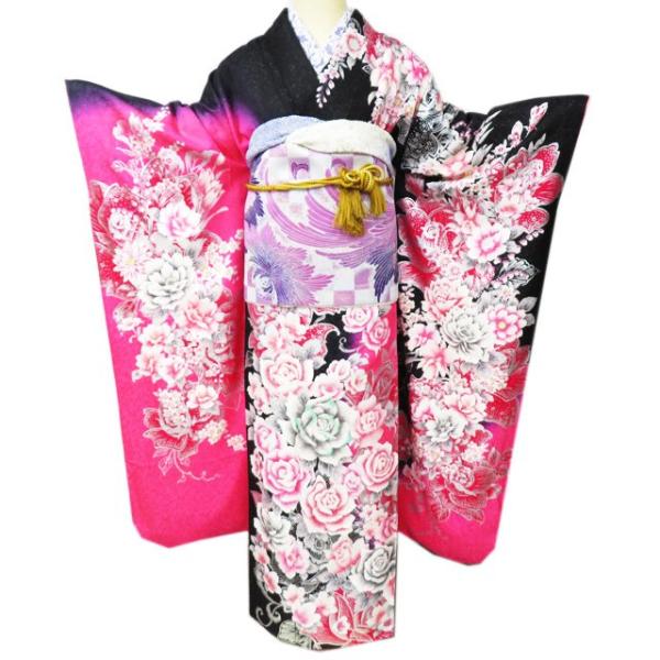 特選 振袖 襦袢 袋帯 5点 セット 着物 中古 リサイクル 正絹 花模様 薔薇 銀通し 身丈170.5cm 裄72cm L トール きもの北條 A1026-1 特選 振袖 襦袢 袋帯 5点 セット 着物 中古 リサイクル 正絹 花模様