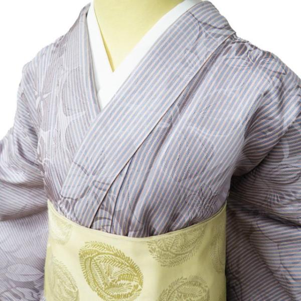 小紋 着物 中古 正絹 袷 カジュアル 縦縞模様 ハイビスカス モンステラ 灰色 灰梅色 身丈164cm 裄70.5cm L きもの北條 A1027-2 小紋 着物 中古 正絹 袷 カジュアル 縦縞模様 ハイビスカス モンステラ