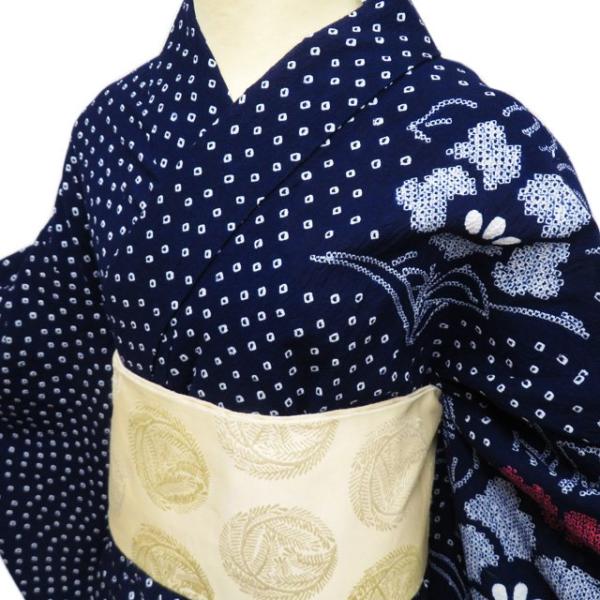 夏物 浴衣 着物 中古 木綿 カジュアル 絞り染め 花模様 濃紺色 多色 身丈163cm 裄66cm L きもの北條 A1031-5 夏物 浴衣 着物 中古 木綿 カジュアル 絞り染め 花模様 濃紺色 多色