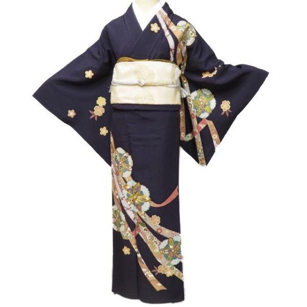 黒鳶色 和花 束ね熨斗 振袖 身丈160 正絹訪問着レンタル】 10112