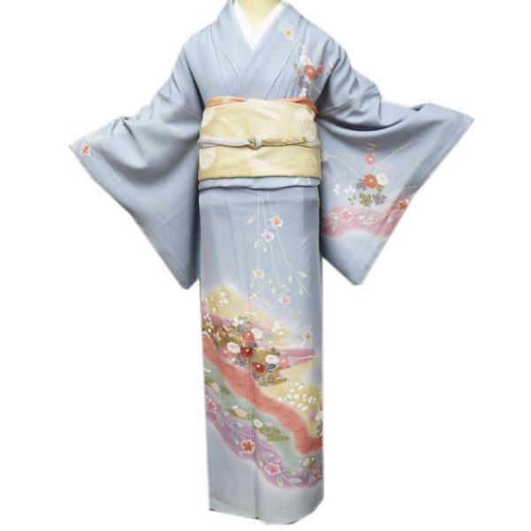 訪問着 着物 中古 正絹 袷 フォーマル 絞り 花の図 秋草 淡青色 多色 