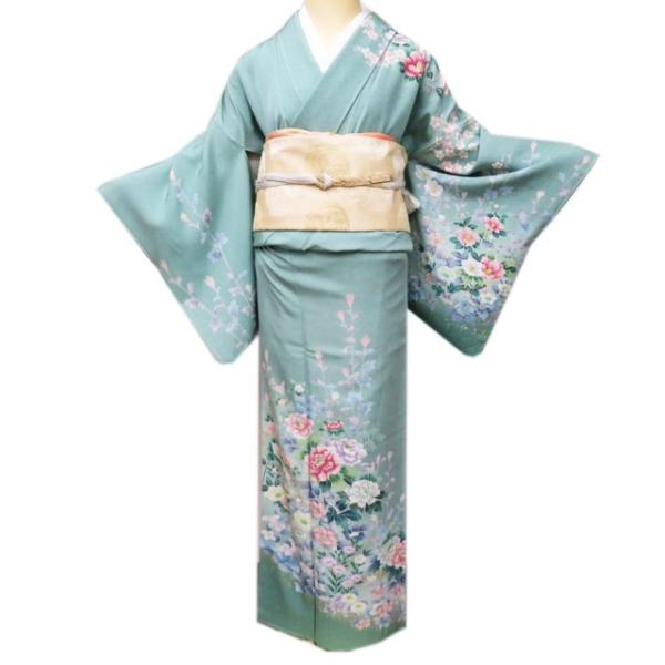 訪問着 着物 未使用 正絹 袷 フォーマル 流水に花の図 地模様 やや薄い緑黄色 多色 金 身丈164cm 裄66cm L きもの北條 A1115-12 水色地に桜と流水の訪問着（袷） | 宅配着物レンタルの京都かしきもの
