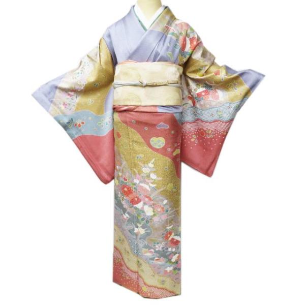 訪問着 着物 中古 正絹 袷 フォーマル 花の図 鴛鴦 流水 波 マルチカラー 多色 金 身丈160.5cm 裄67cm M きもの北條 A1034-8 訪問着 着物 中古 正絹 袷 フォーマル 花の図 鴛鴦 流水 波 マルチ