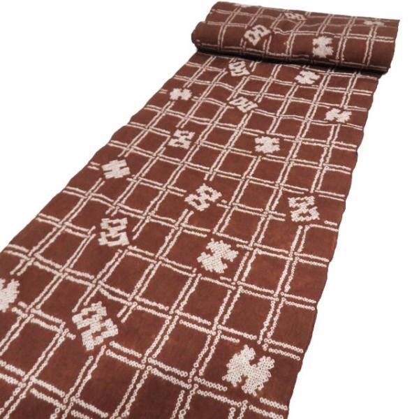 夏物 反物 浴衣 着物 未仕立て 新古品 木綿 カジュアル 絞り 格子模様 茶色 きもの北條 A1035-2 夏物 反物 浴衣 着物 未仕立て 新古品 木綿 カジュアル 絞り 格子模様