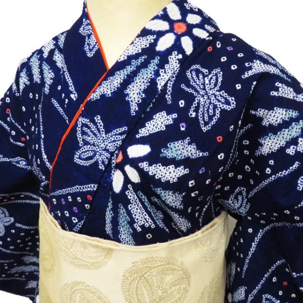 夏物 浴衣 着物 中古 木綿 カジュアル 絞り染め 花と蝶模様 濃紺色 多色 身丈154.5cm 裄67cm SA きもの北條 A1035-9 夏物 浴衣 着物 中古 木綿 カジュアル 絞り染め 花と蝶模様 濃紺色 多