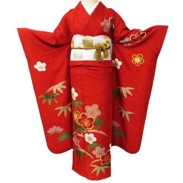 美品未着用 金駒刺繡 着物“理想的でいて無敵！桜に桐、菊や雪輪”訪問着 S-46 振袖 着物 中古 リサイクル 正絹 フォーマル 金駒刺繍 松竹梅模様 緋色