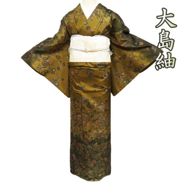 大島紬 着物 中古 正絹 袷 セミフォーマル 波に花模様 暈し 黄唐茶色  