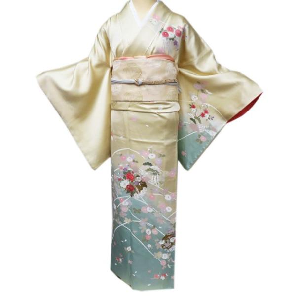 訪問着 着物 中古 正絹 袷 フォーマル 紋付き 花の図 菊 牡丹 地模様  