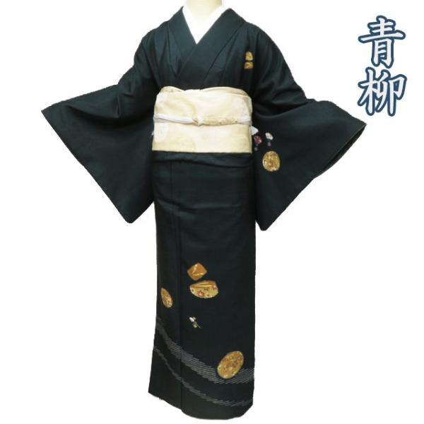 特選 紬地 着物 中古 正絹 袷 赤城紬 青柳 ラベル付き 絞り染め 草木染 深緑色 多色 身丈164.5cm 裄69cm L ワイド きもの北條 A1057-10 特選 紬地 着物 中古 正絹 袷 赤城紬 青柳 ラベル付き 絞り染め 草木染