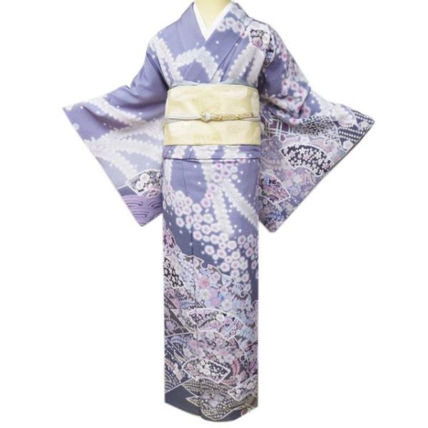 特選 訪問着 着物 中古 正絹 袷 フォーマル 辻が花模様 扇面 紫系色 多  