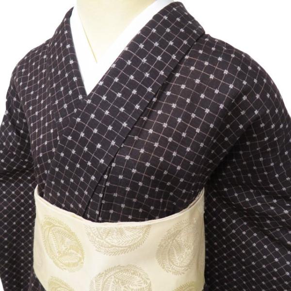 夏物 小紋 浴衣 着物 中古 木綿 カジュアル 格子模様 絣模様 黒鳶色 多 