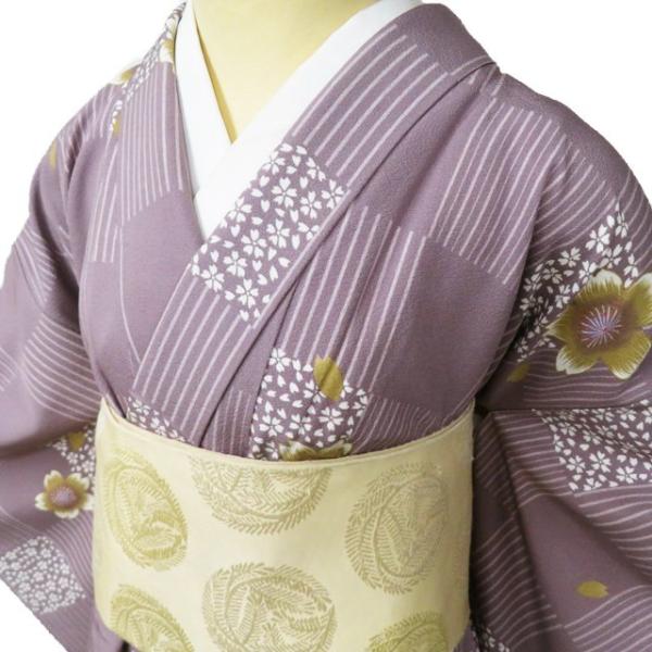 小紋 着物 中古 正絹 袷 カジュアル 市松取り 桜模様 半色 多色 身丈165cm 裄65cm L トール ワイド きもの北條 A1068-4 kimono-hojo_a1068-4