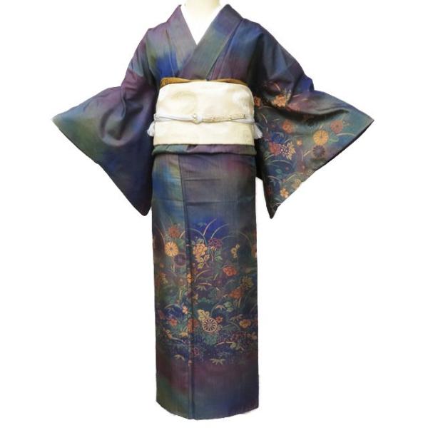 紬 着物 中古 正絹 袷 セミフォーマル 菱屋六右衛門 草花模様 マルチ 