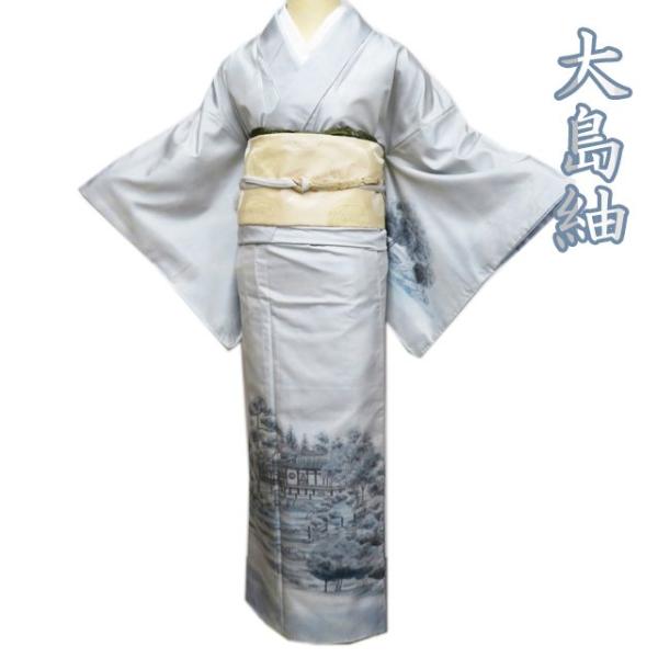 大島紬 着物 中古 正絹 袷 セミフォーマル 作家物 落款 風景 秋條寺 