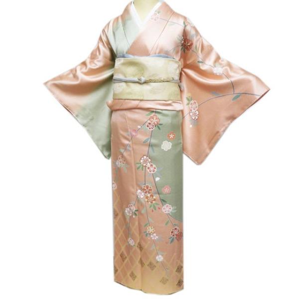 訪問着 着物 中古 正絹 袷 フォーマル 地模様 花模様 桜 赤香色 裏葉柳色 多色 金 身丈164cm 裄65.5cm L きもの北條 A1073-8 訪問着 着物 中古 正絹 袷 フォーマル 地模様 花模様 桜 赤香色 裏葉