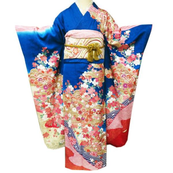 振袖 襦袢 袋帯 3点 セット 着物 中古 正絹 フォーマル 花模様 青色 多色 金 身丈171.5cm 裄69cm L トール きもの北條 A1078-2 振袖 襦袢 袋帯 3点 セット 着物 中古 正絹 フォーマル 花模様 青色 多