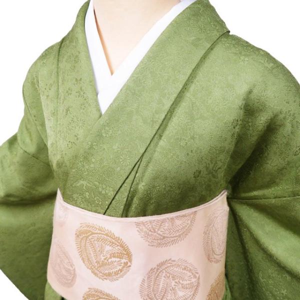 色無地 着物 中古 正絹 袷 フォーマル 紋付き 地模様 花鳥模様 黄浅緑色 身丈162cm 裄65cm M きもの北條 A1081-2 色無地 着物 中古 正絹 袷 フォーマル 紋付き 地模様 花鳥模様 黄浅