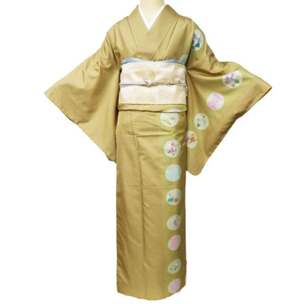 a07 未使用 花模様 正絹 小紋 裄 64.5 大島紬 着物 中古 正絹 袷 セミフォーマル 丸文 花の図 文字 春夏秋冬