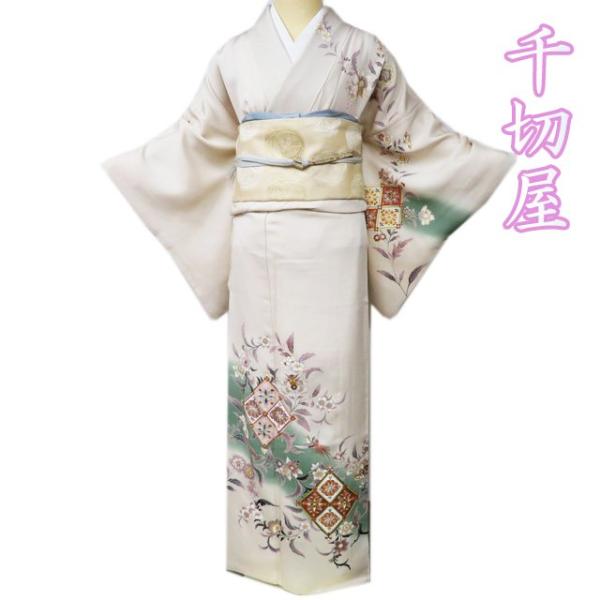 無双 訪問着 着物 中古 正絹 袷 フォーマル 流水模様 灰白色 多色 金  